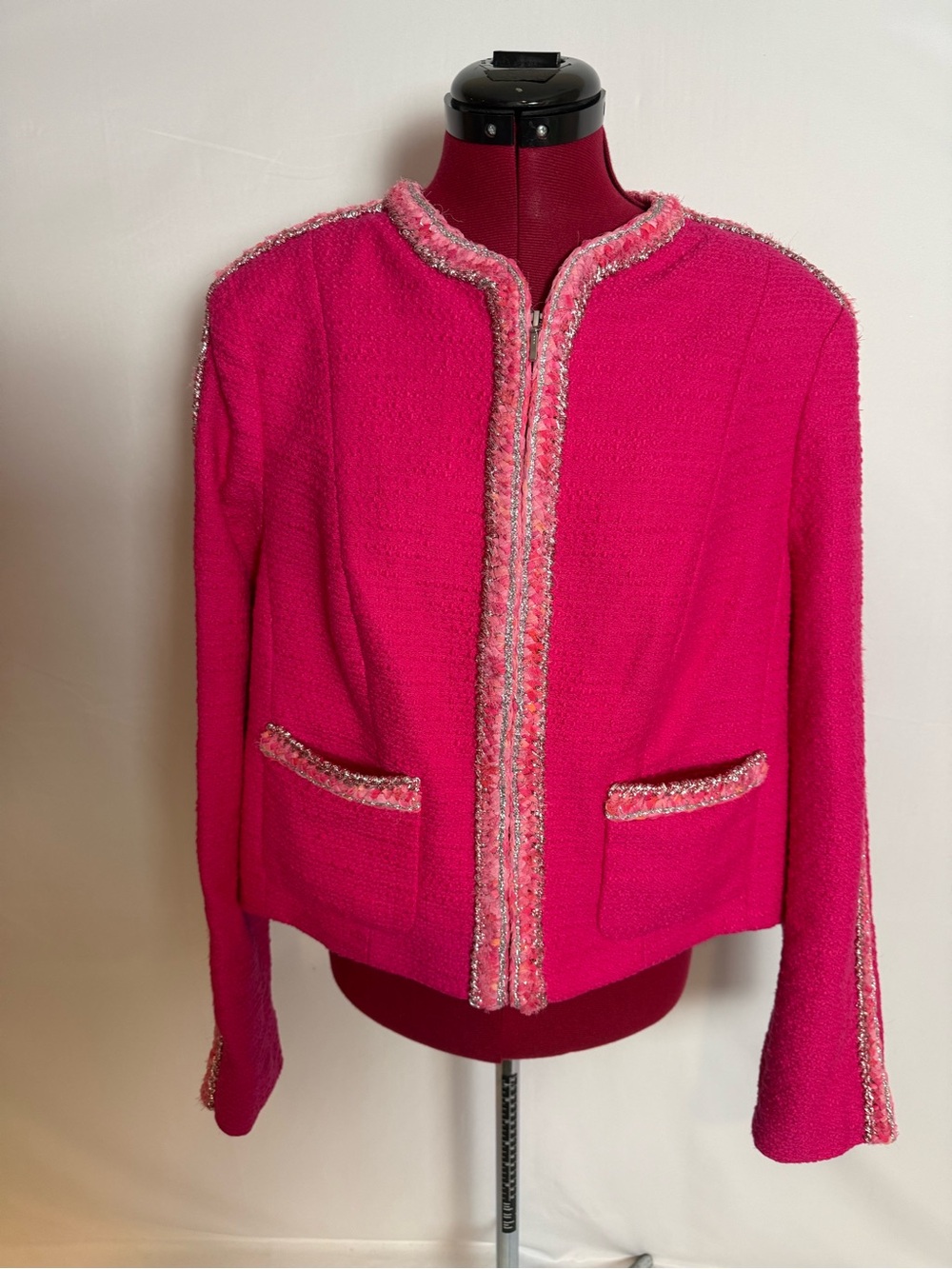 CAbi Jacket/Blazer Women's Size Large Hot Pink Bouclé Fringe-Trim